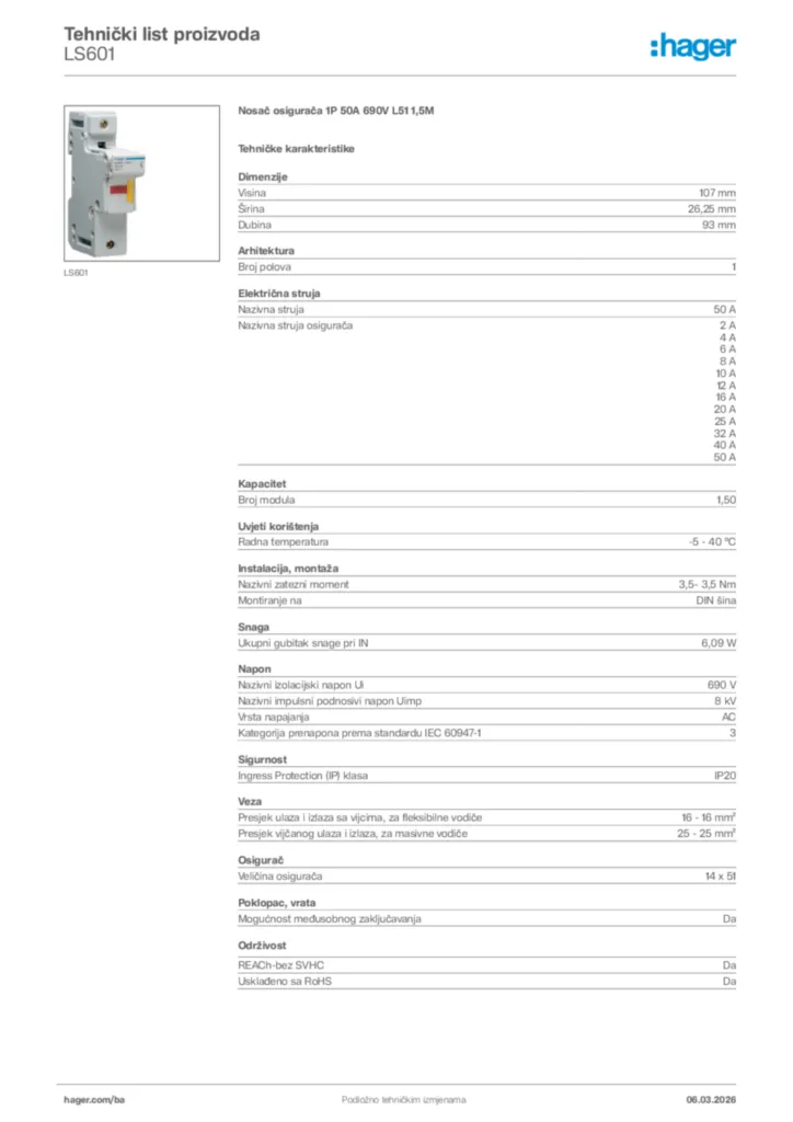 Slika Hager Tehnički list proizvoda LS601  | Hager