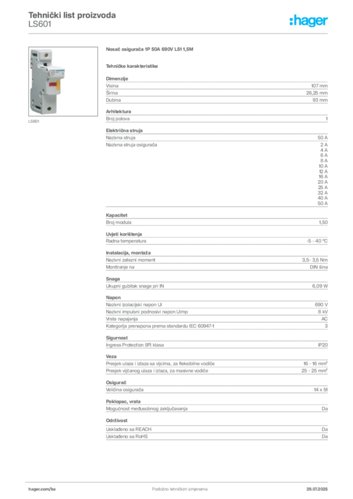 Slika Hager Product data sheet LS601  | Hager