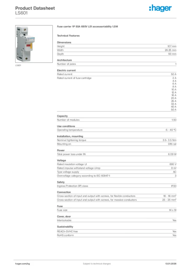 Image Hager Product data sheet LS601  | Hager