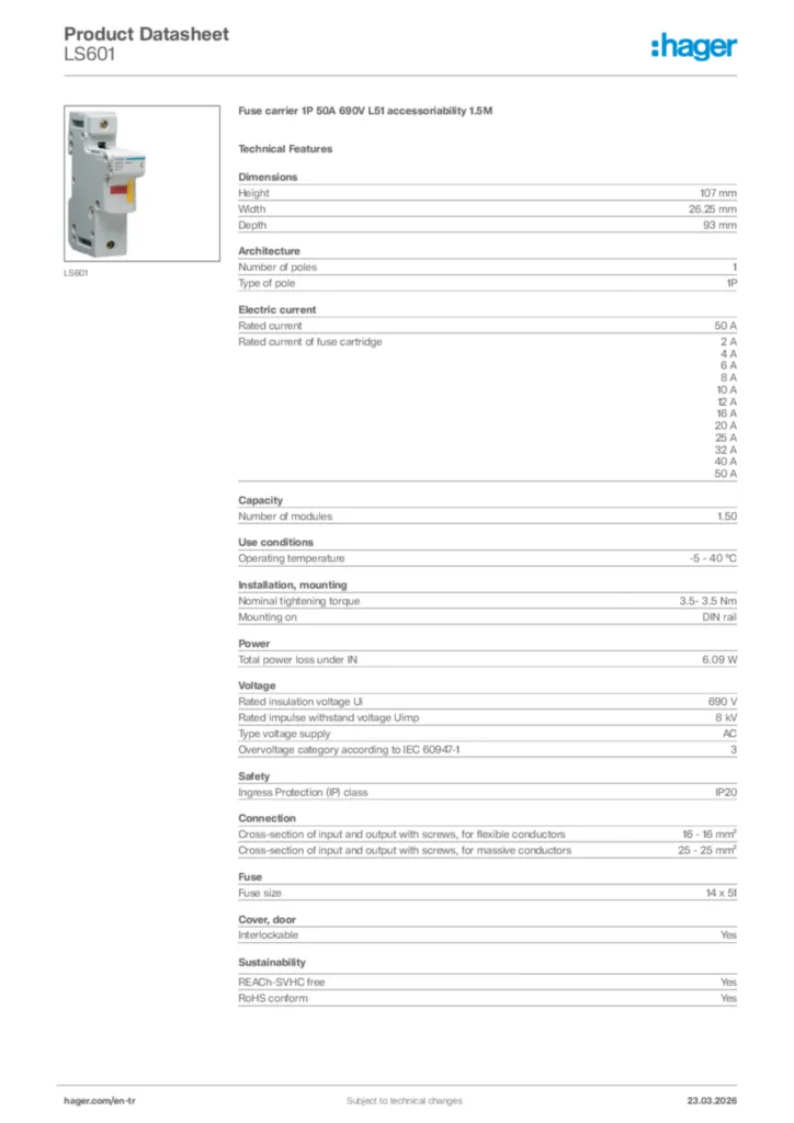 Image Hager Product data sheet LS601  | Hager