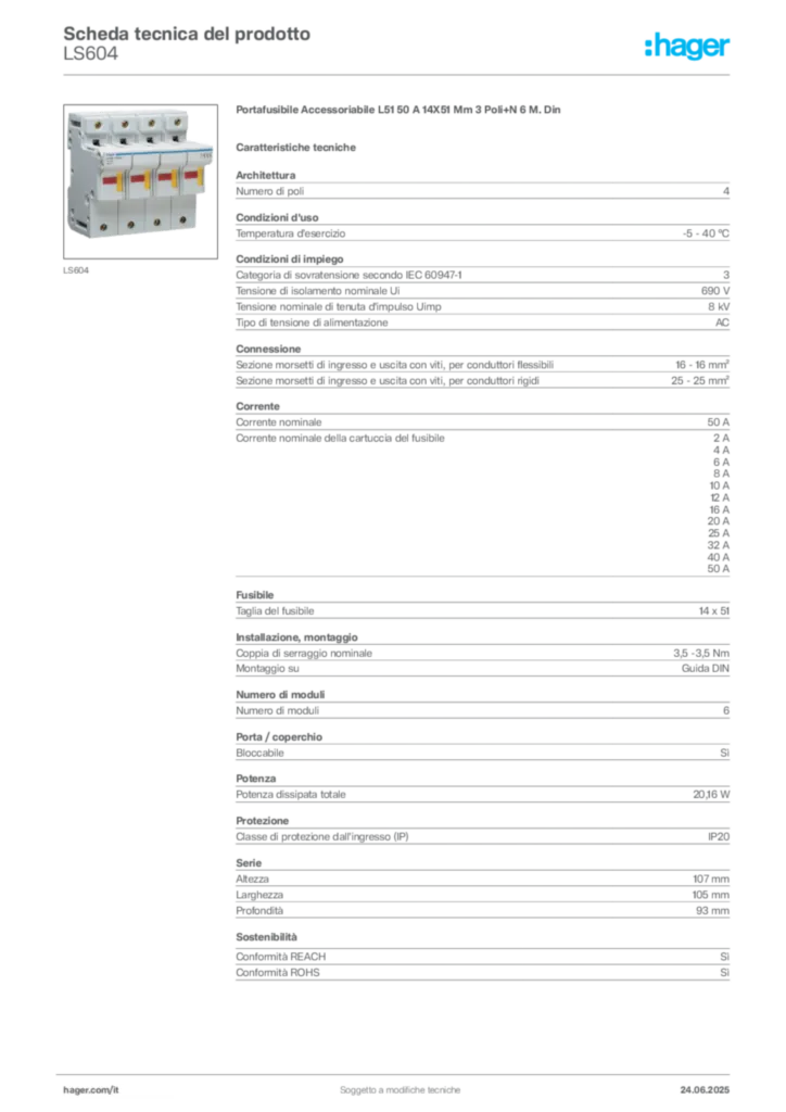 Immagine Hager Scheda tecnica del prodotto LS604 | Hager Italia