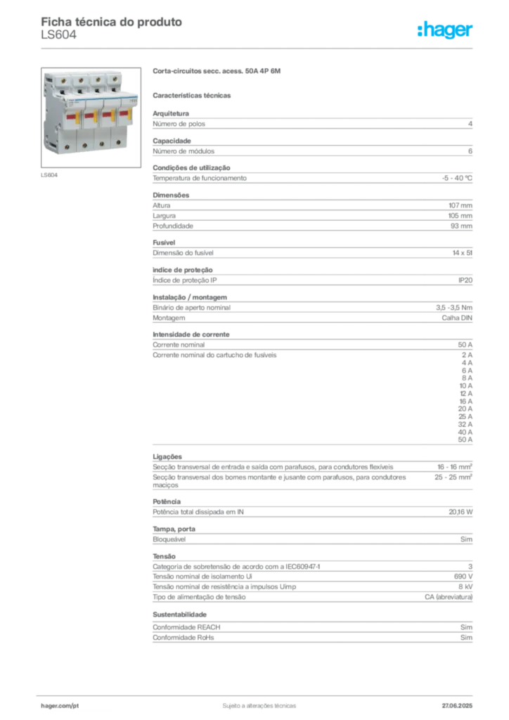 Imagem Hager Ficha técnica do produto LS604 | Hager Portugal
