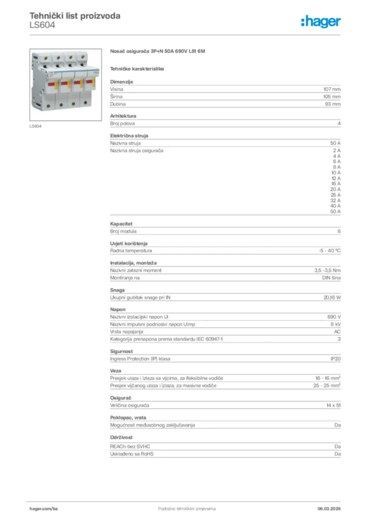 Slika Hager Tehnički list proizvoda LS604  | Hager