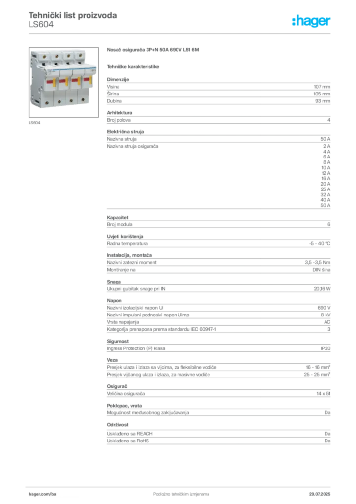Slika Hager Product data sheet LS604  | Hager
