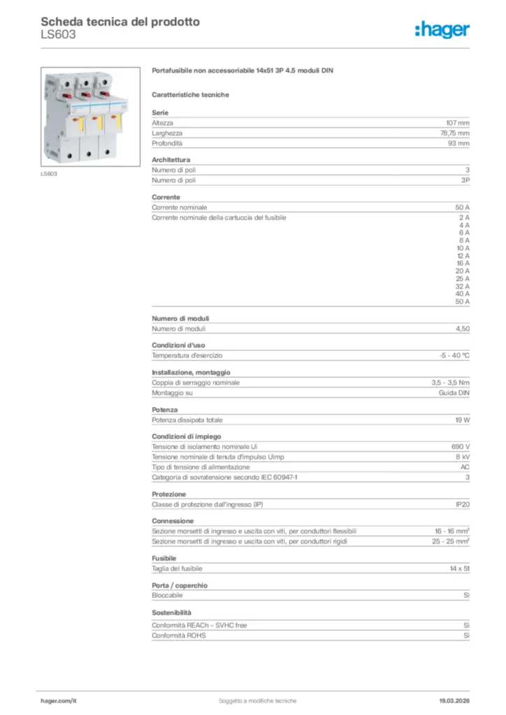 Immagine Hager Scheda tecnica del prodotto LS603 | Hager Italia