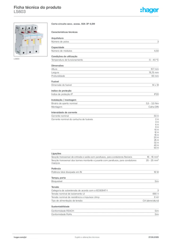 Imagem Hager Ficha técnica do produto LS603 | Hager Portugal