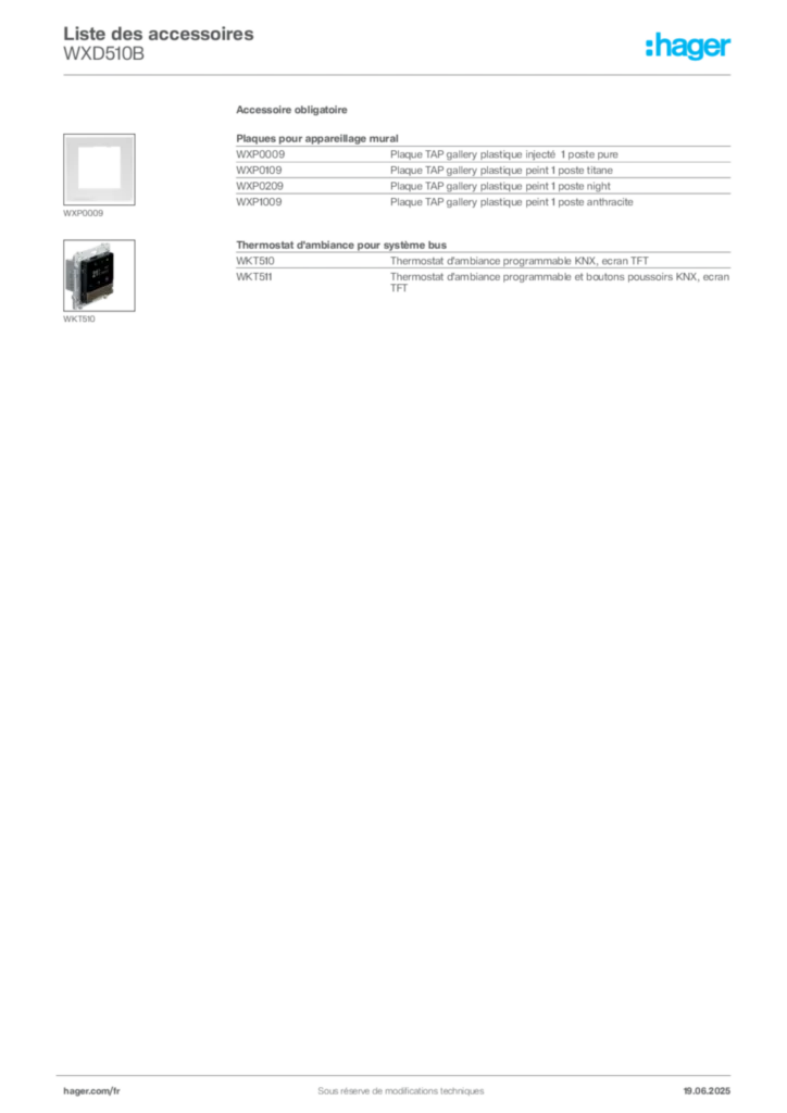 Image Hager Fiche technique du produit WXD510B | Hager France