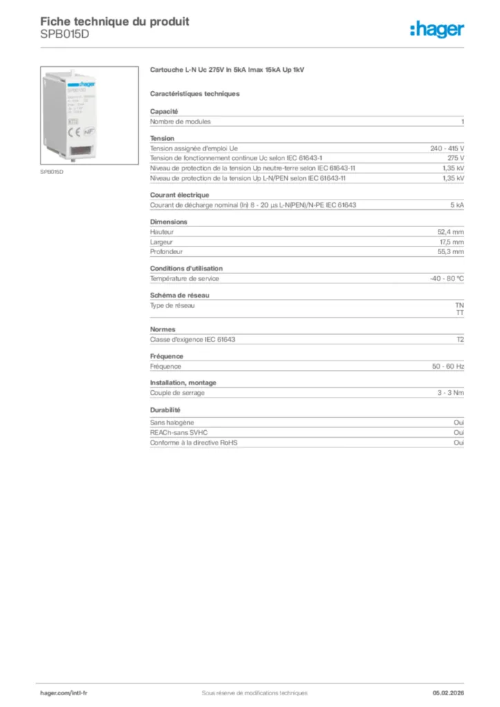 Image Hager Fiche technique du produit SPB015D | Hager Afrique