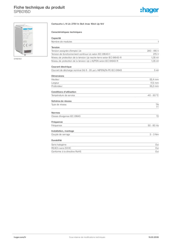 Image Hager Fiche technique du produit SPB015D | Hager France