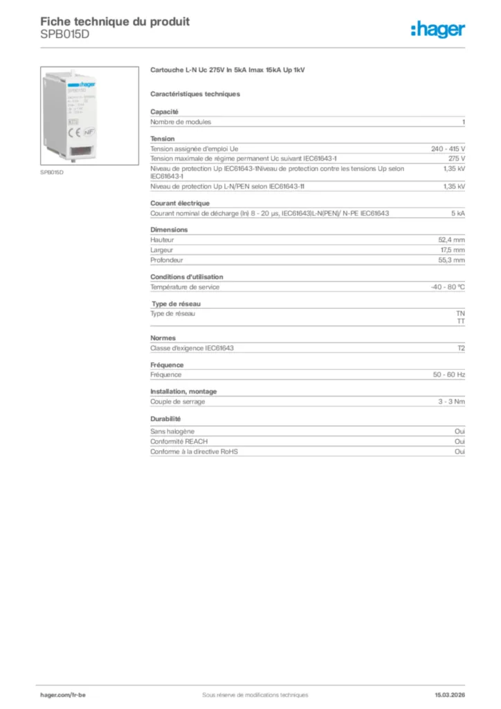 Image Hager Fiche technique du produit SPB015D | Hager Belgique