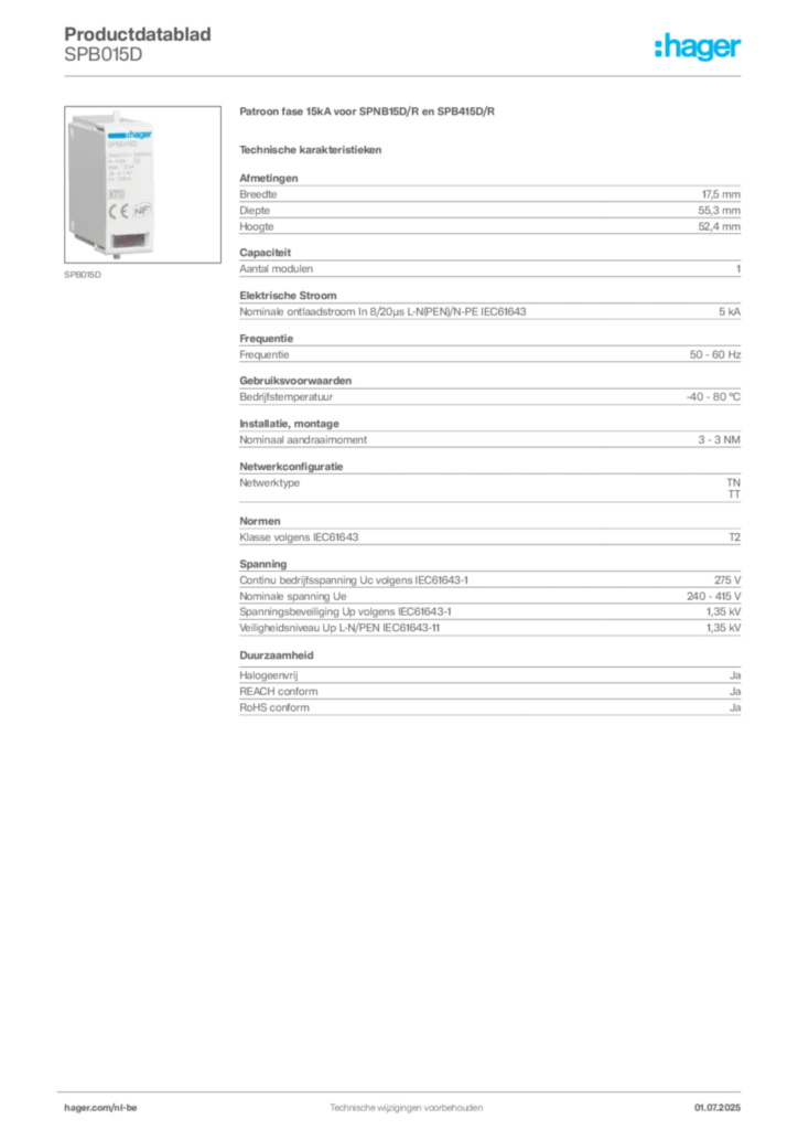 Afbeelding Hager Productdatablad SPB015D | Hager Belgium