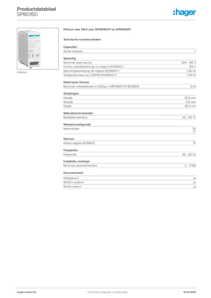 Afbeelding Hager Productdatablad SPB015D | Hager Belgium