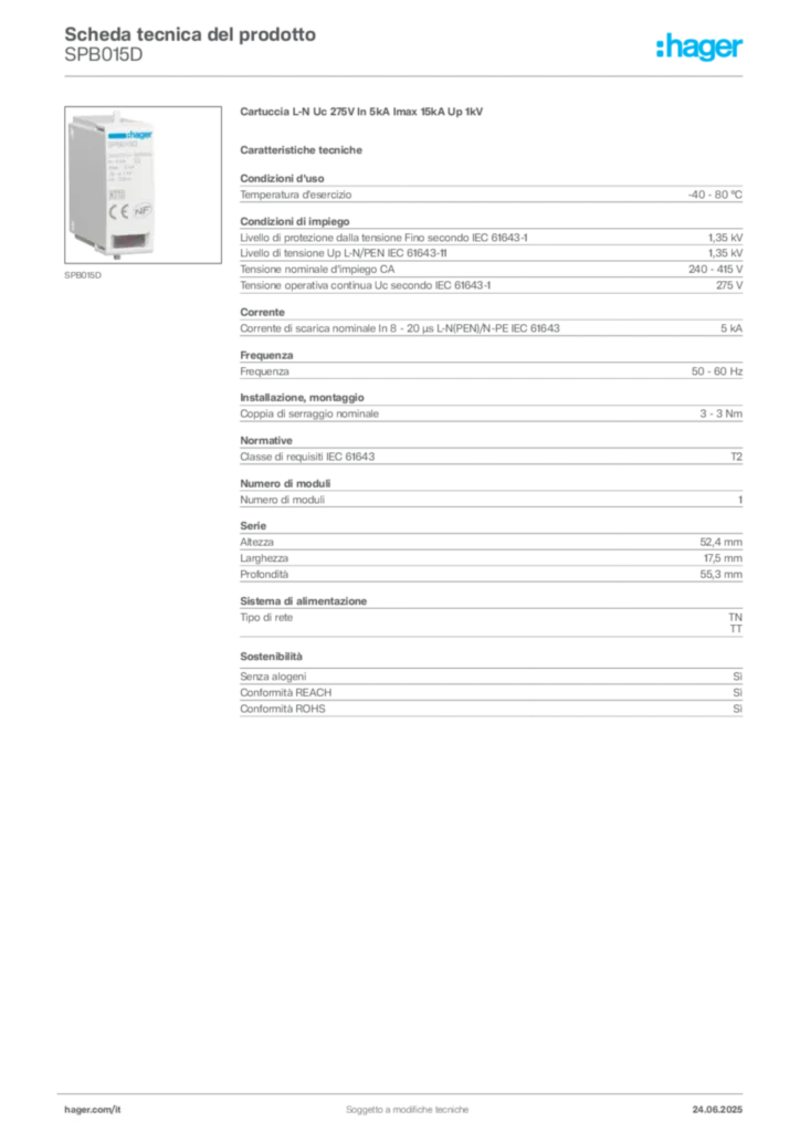 Immagine Hager Scheda tecnica del prodotto SPB015D | Hager Italia