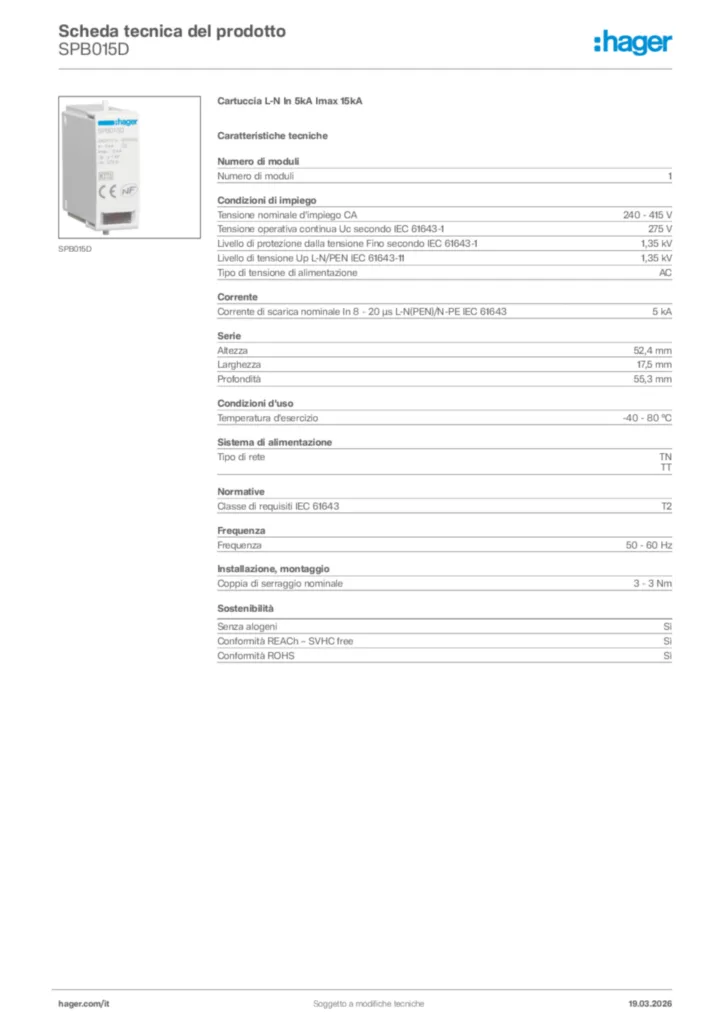 Immagine Hager Scheda tecnica del prodotto SPB015D | Hager Italia