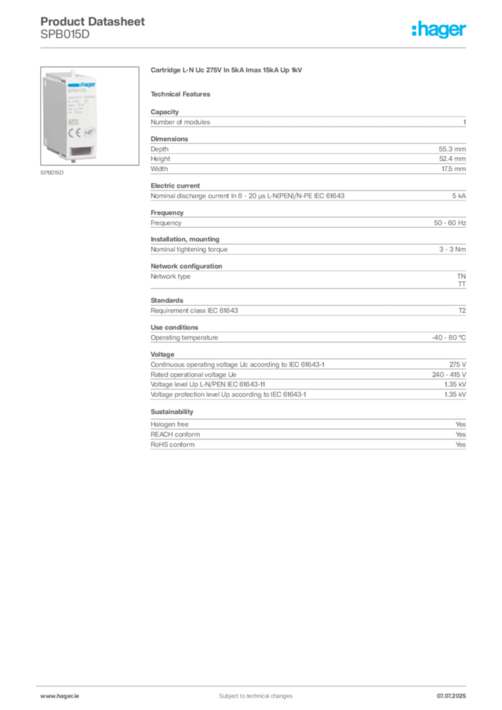 Image Hager Product data sheet SPB015D  | Hager