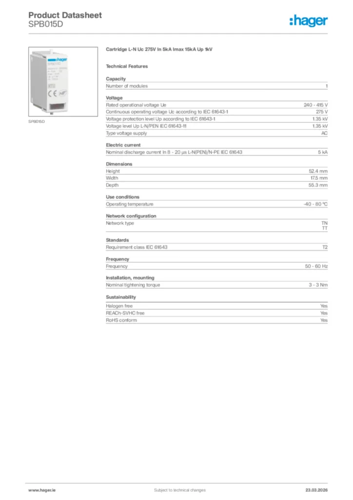 Image Hager Product data sheet SPB015D  | Hager