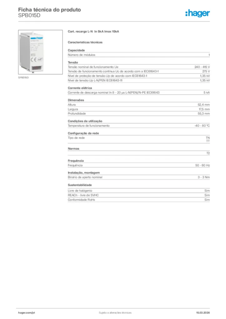 Imagem Hager Ficha técnica do produto SPB015D | Hager Portugal