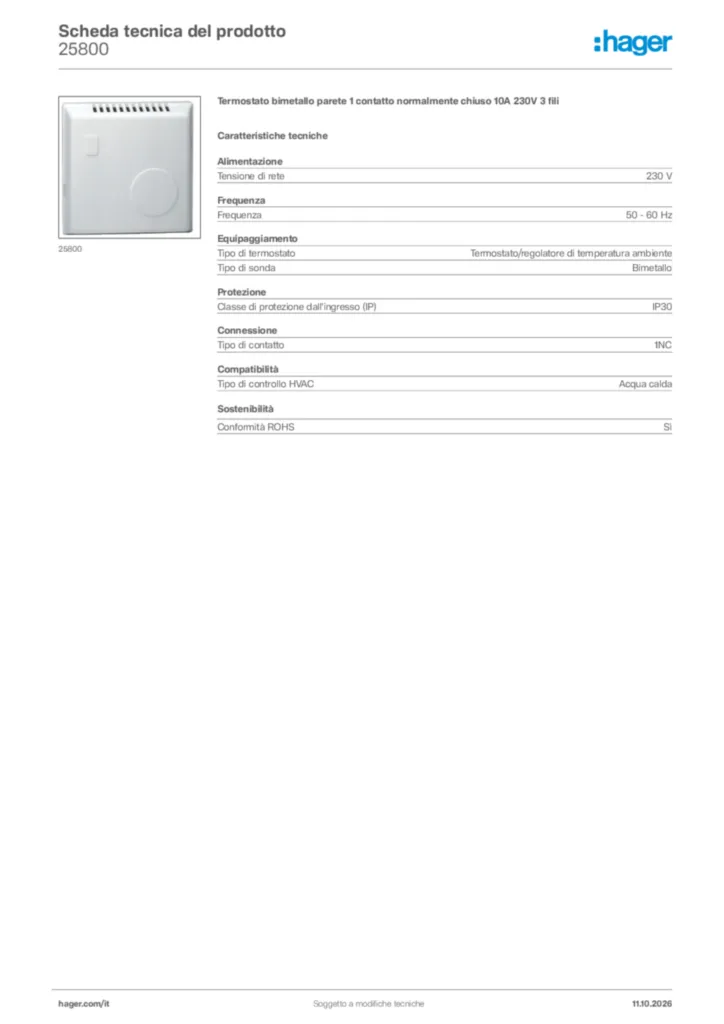 Immagine Hager Scheda tecnica del prodotto 25800 | Hager Italia