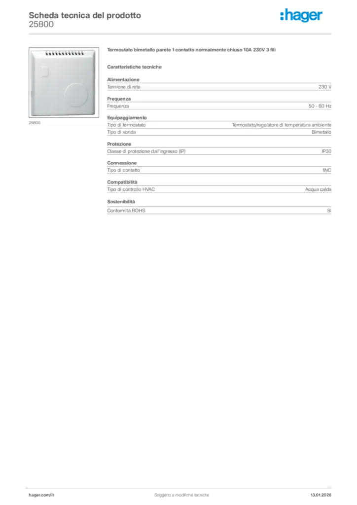 Immagine Hager Scheda tecnica del prodotto 25800 | Hager Italia