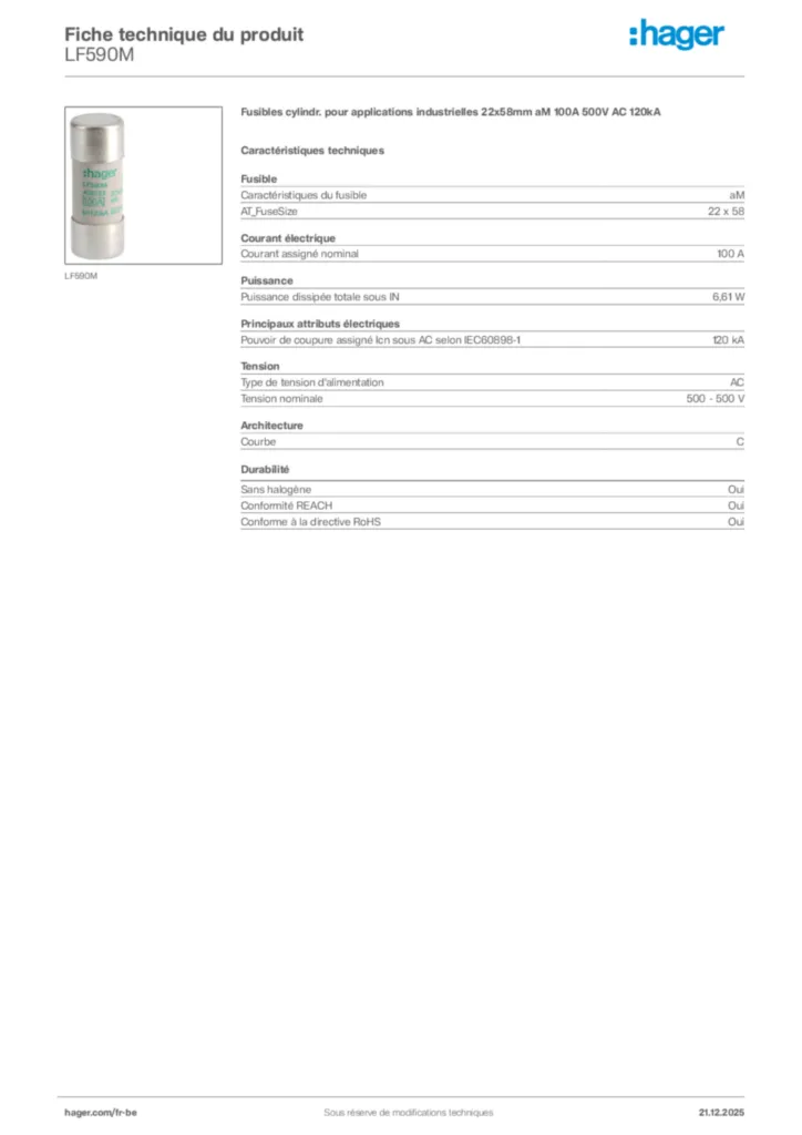 Image Hager Fiche technique du produit LF590M | Hager Belgique