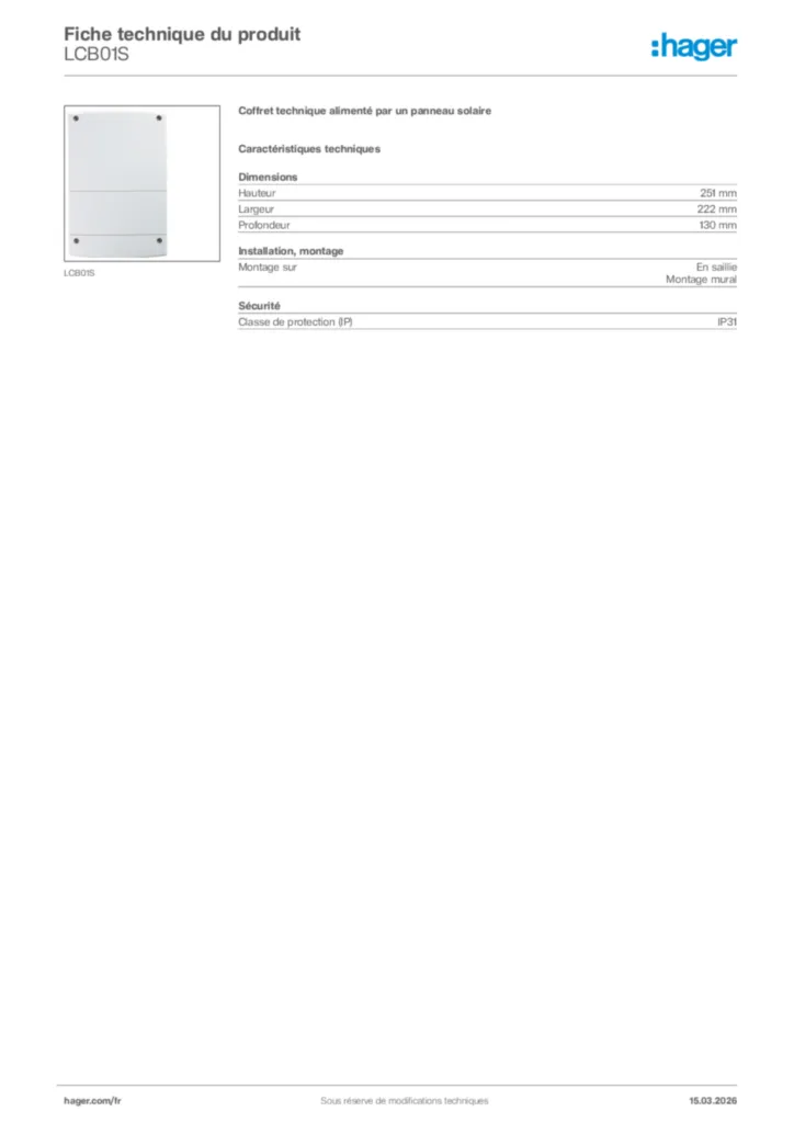 Image Hager Fiche technique du produit LCB01S | Hager France