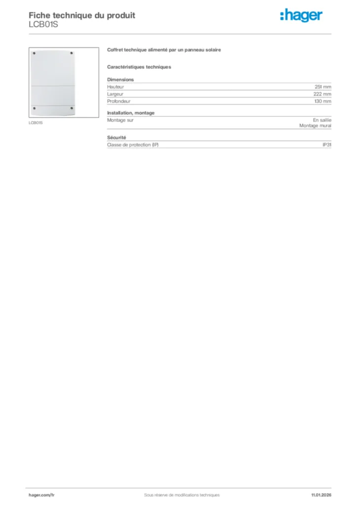 Image Hager Fiche technique du produit LCB01S | Hager France