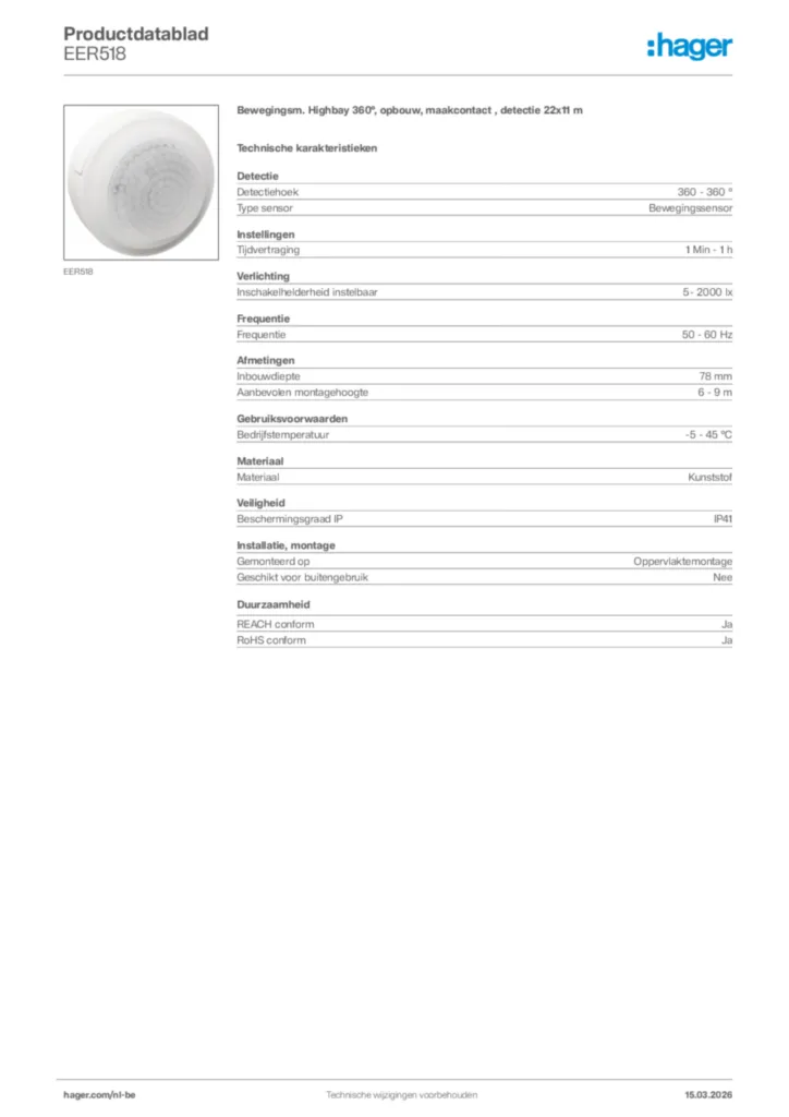 Afbeelding Hager Productdatablad EER518 | Hager Belgium