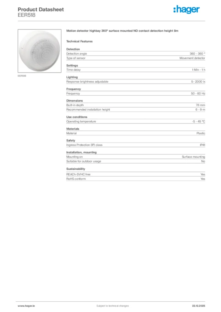 Image Hager Product data sheet EER518  | Hager