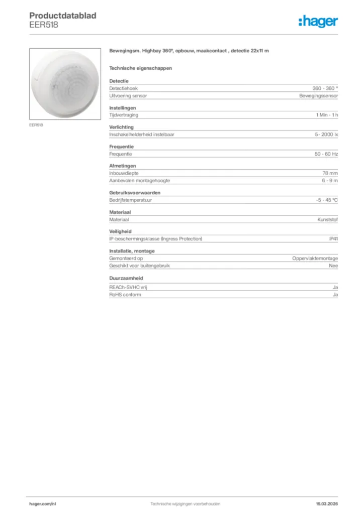 Afbeelding Hager Productdatablad EER518 | Hager Nederland