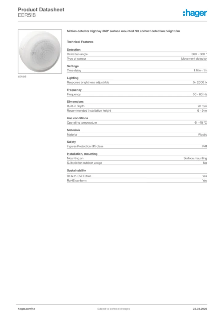 Image Hager Product data sheet EER518  | Hager New Zealand