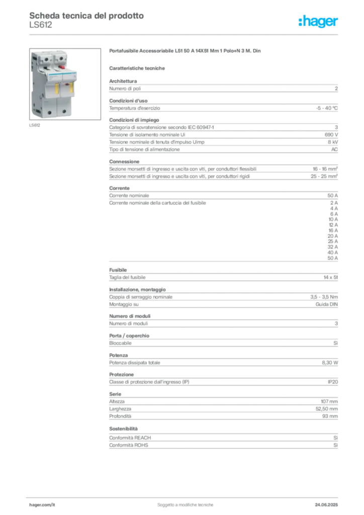 Immagine Hager Scheda tecnica del prodotto LS612 | Hager Italia