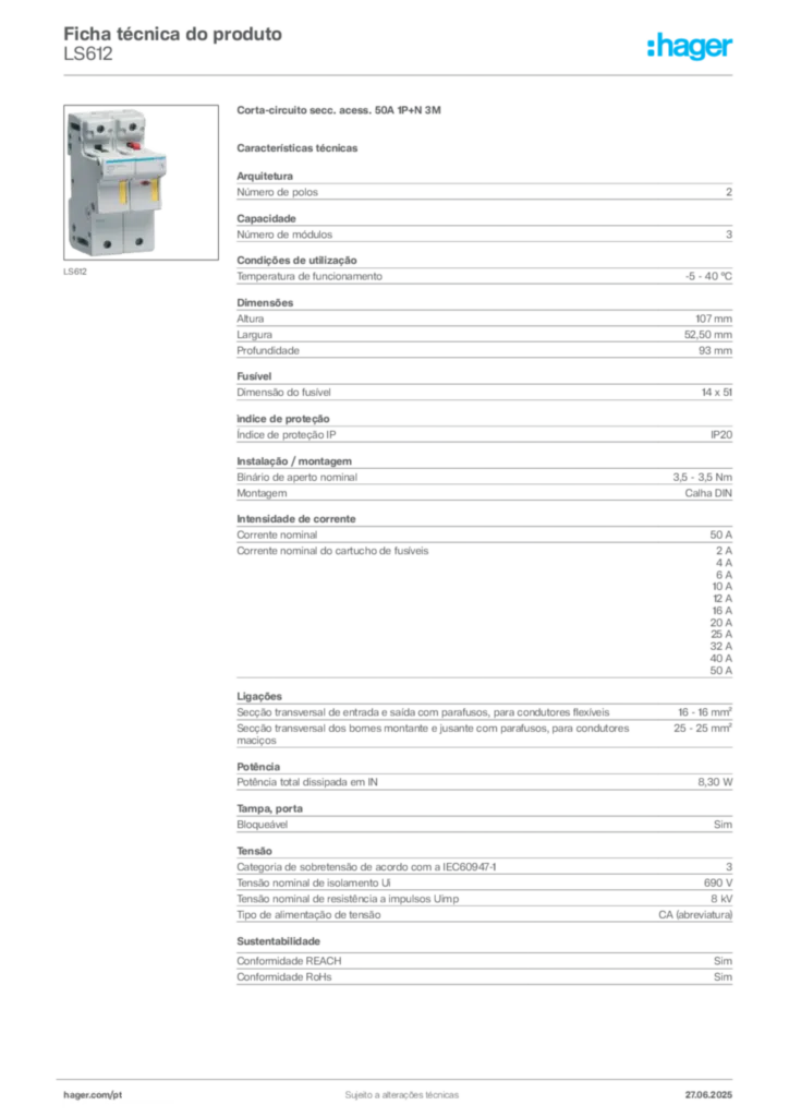 Imagem Hager Ficha técnica do produto LS612 | Hager Portugal