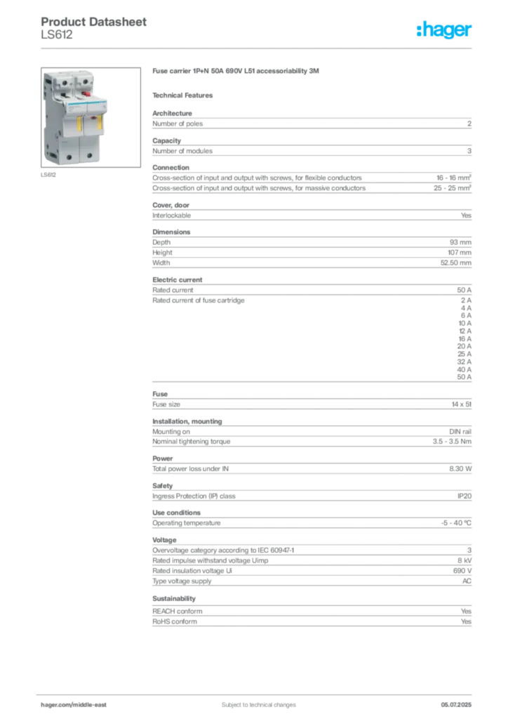 Image Hager Product data sheet LS612  | Hager
