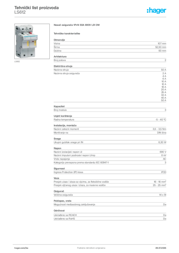 Slika Hager Product data sheet LS612  | Hager