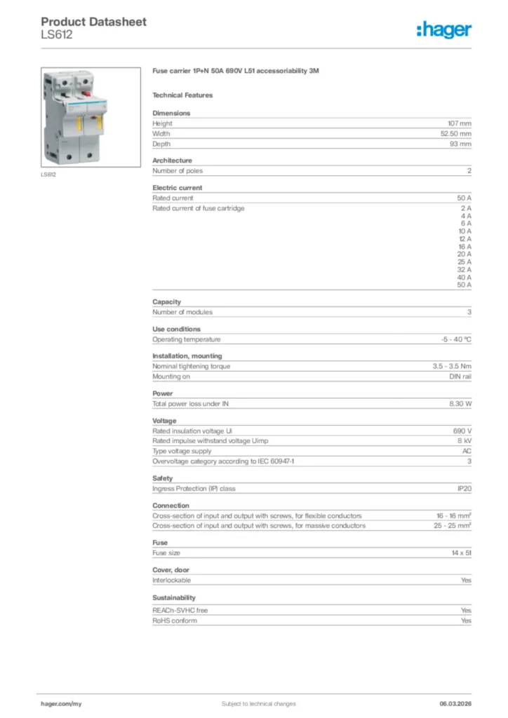 Image Hager Product data sheet LS612  | Hager