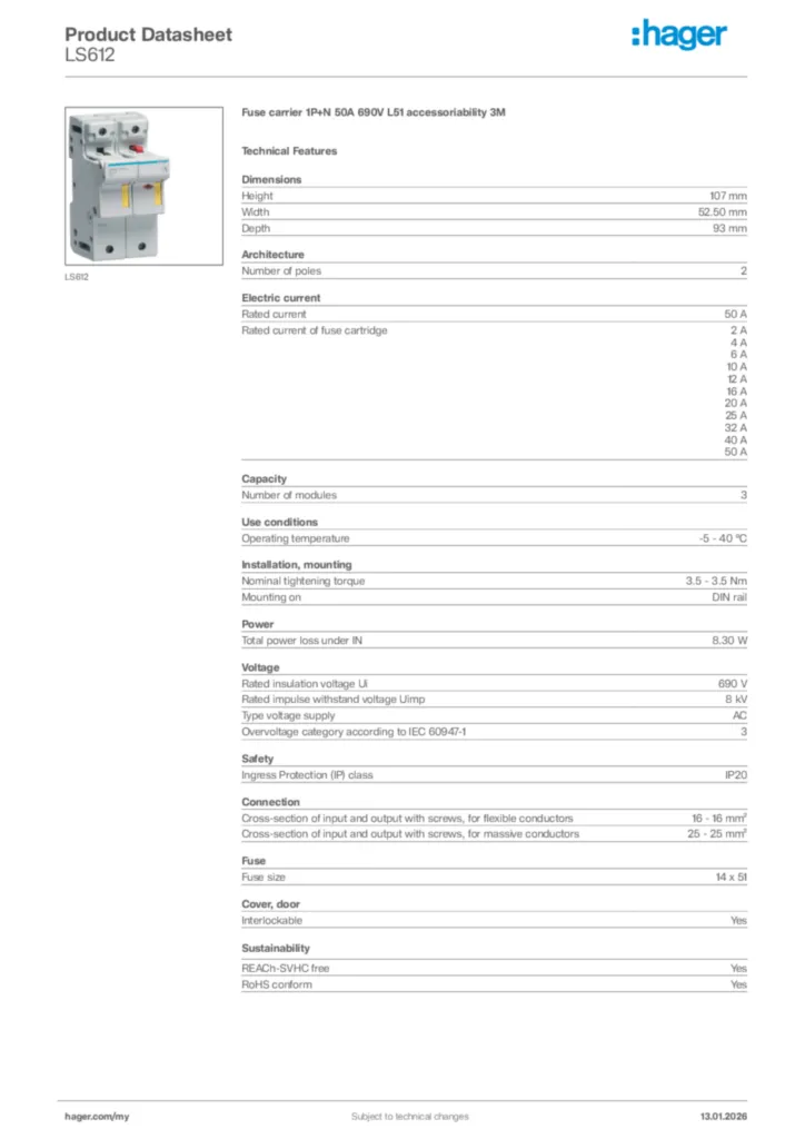 Image Hager Product data sheet LS612  | Hager