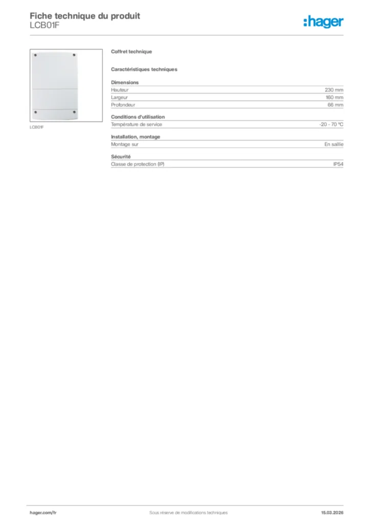 Image Hager Fiche technique du produit LCB01F | Hager France