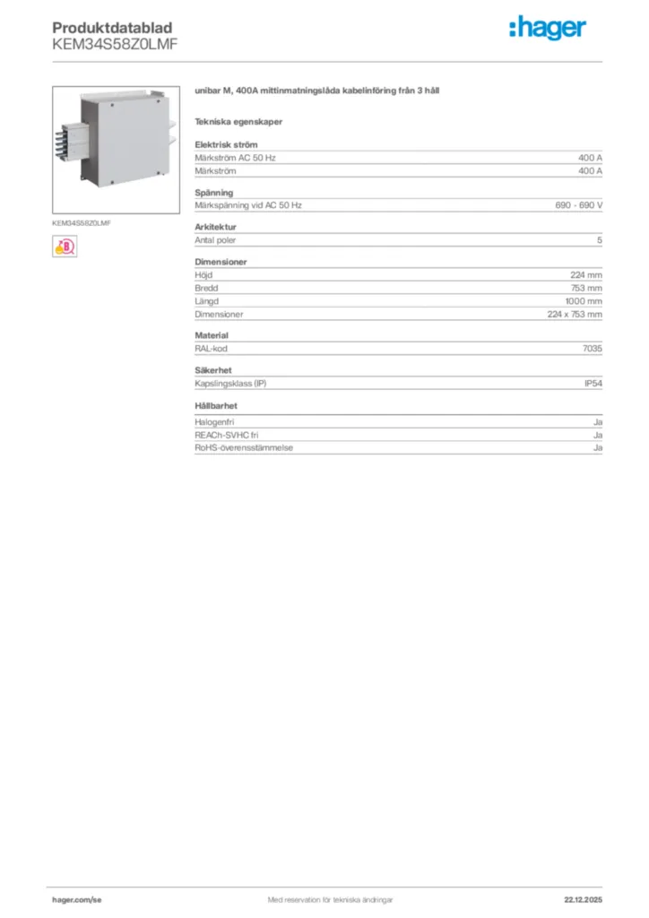 Bild Hager Produktdatablad KEM34S58Z0LMF | Hager Sverige