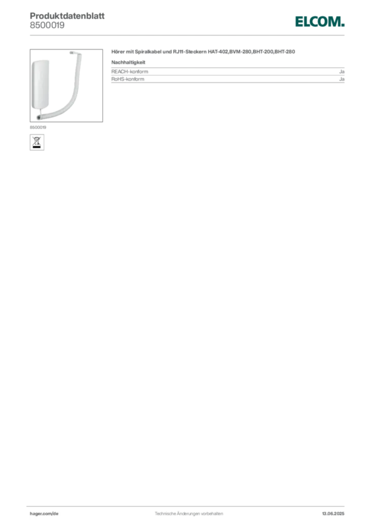 Elcom Produktdatenblatt 8500019