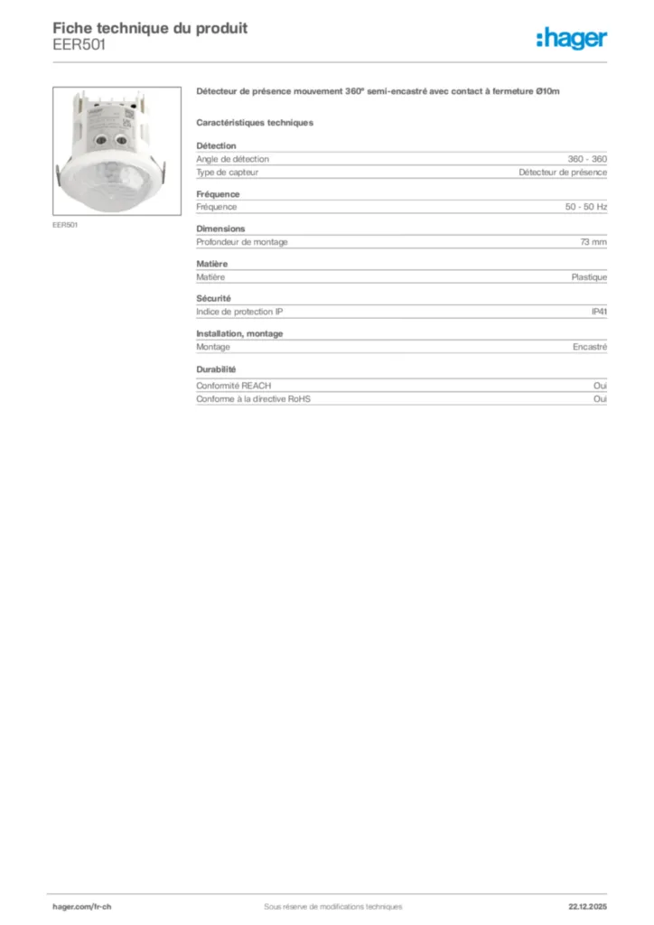 Image Hager Fiche technique du produit EER501 | Hager Suisse