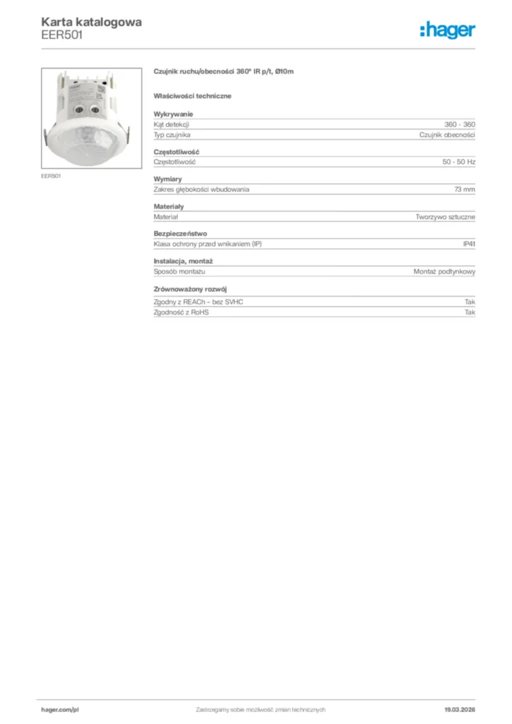 Zdjęcie Hager Karta katalogowa EER501 | Hager Polska