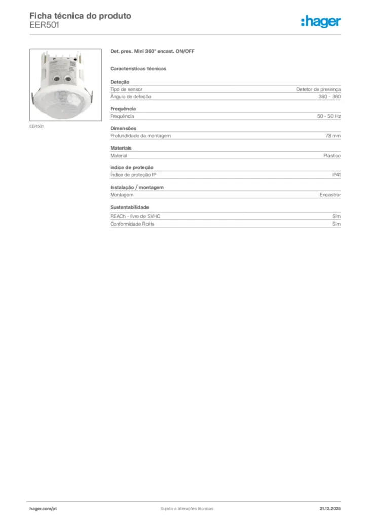 Imagem Hager Ficha técnica do produto EER501 | Hager Portugal