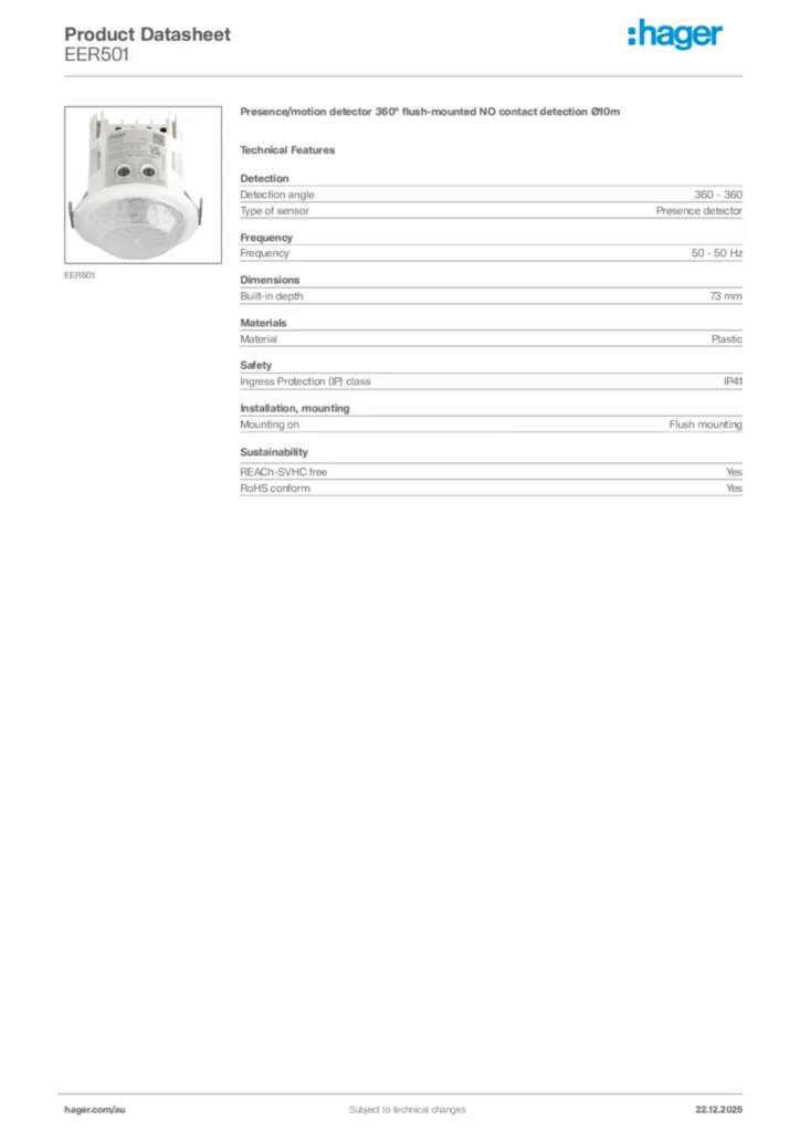 Image Hager Product data sheet EER501  | Hager Australia