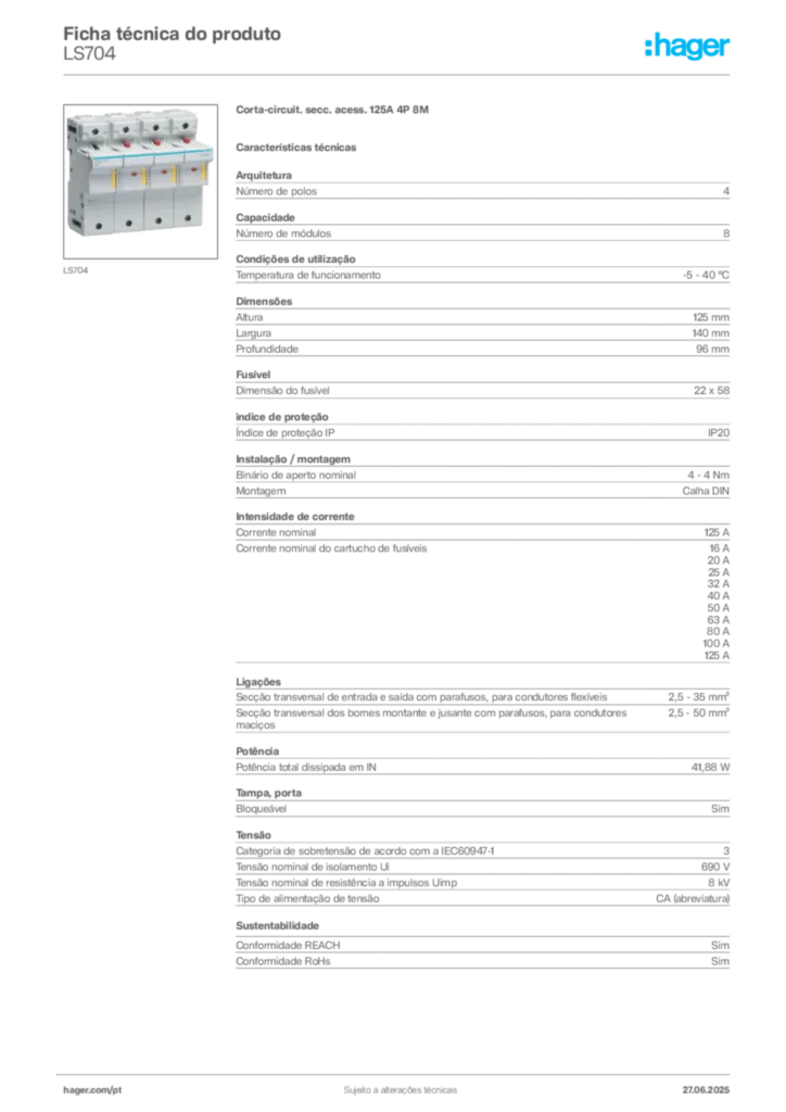 Imagem Hager Ficha técnica do produto LS704 | Hager Portugal