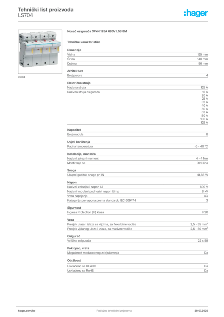 Slika Hager Product data sheet LS704  | Hager