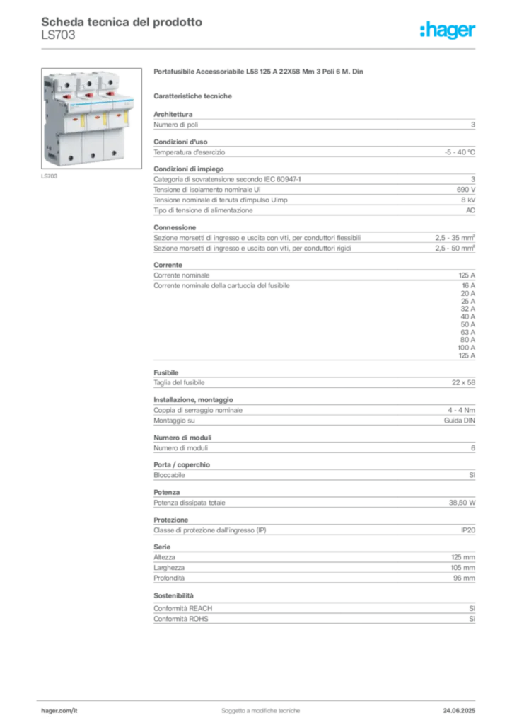 Immagine Hager Scheda tecnica del prodotto LS703 | Hager Italia