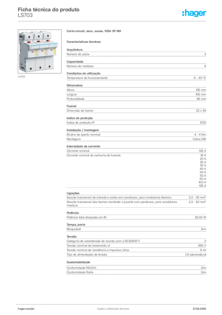 Imagem Hager Ficha técnica do produto LS703 | Hager Portugal