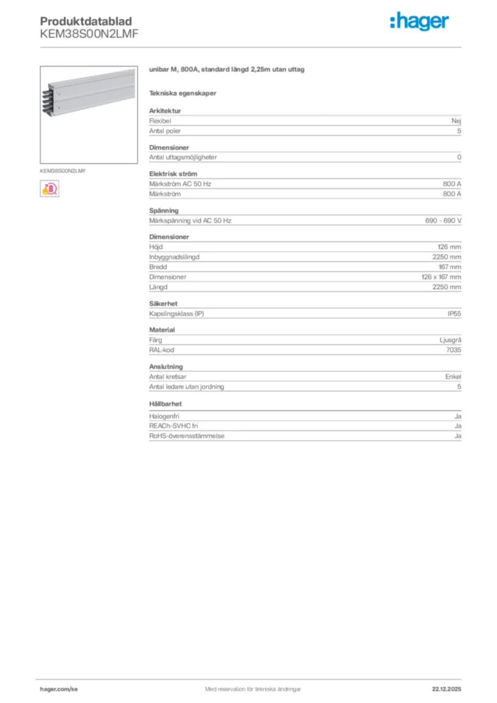 Bild Hager Produktdatablad KEM38S00N2LMF | Hager Sverige