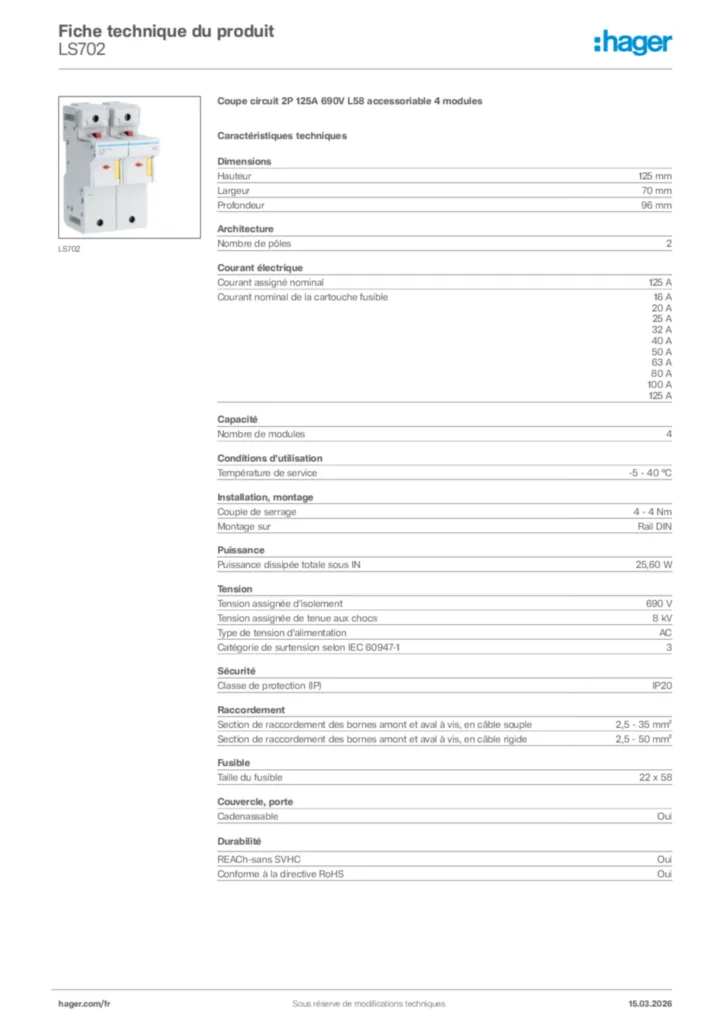 Image Hager Fiche technique du produit LS702 | Hager France