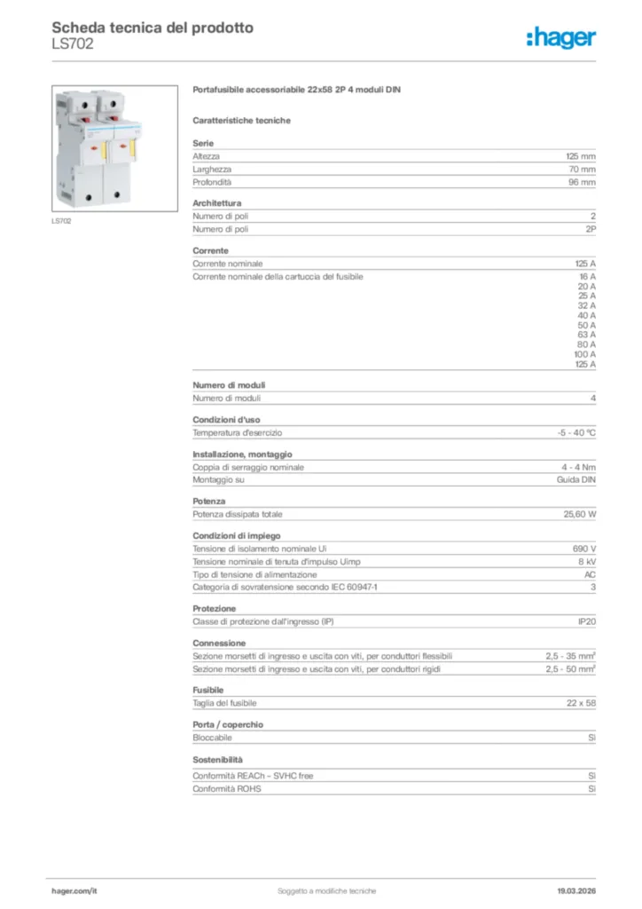 Immagine Hager Scheda tecnica del prodotto LS702 | Hager Italia